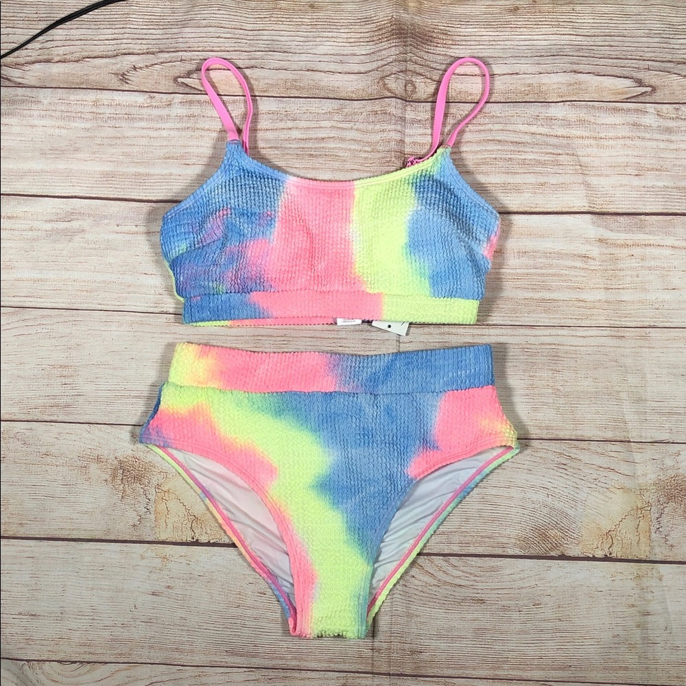 NWT Cupshe Neon Tie-Dye Crinkle Textured Bikini Set in Pink, Blue & Lime